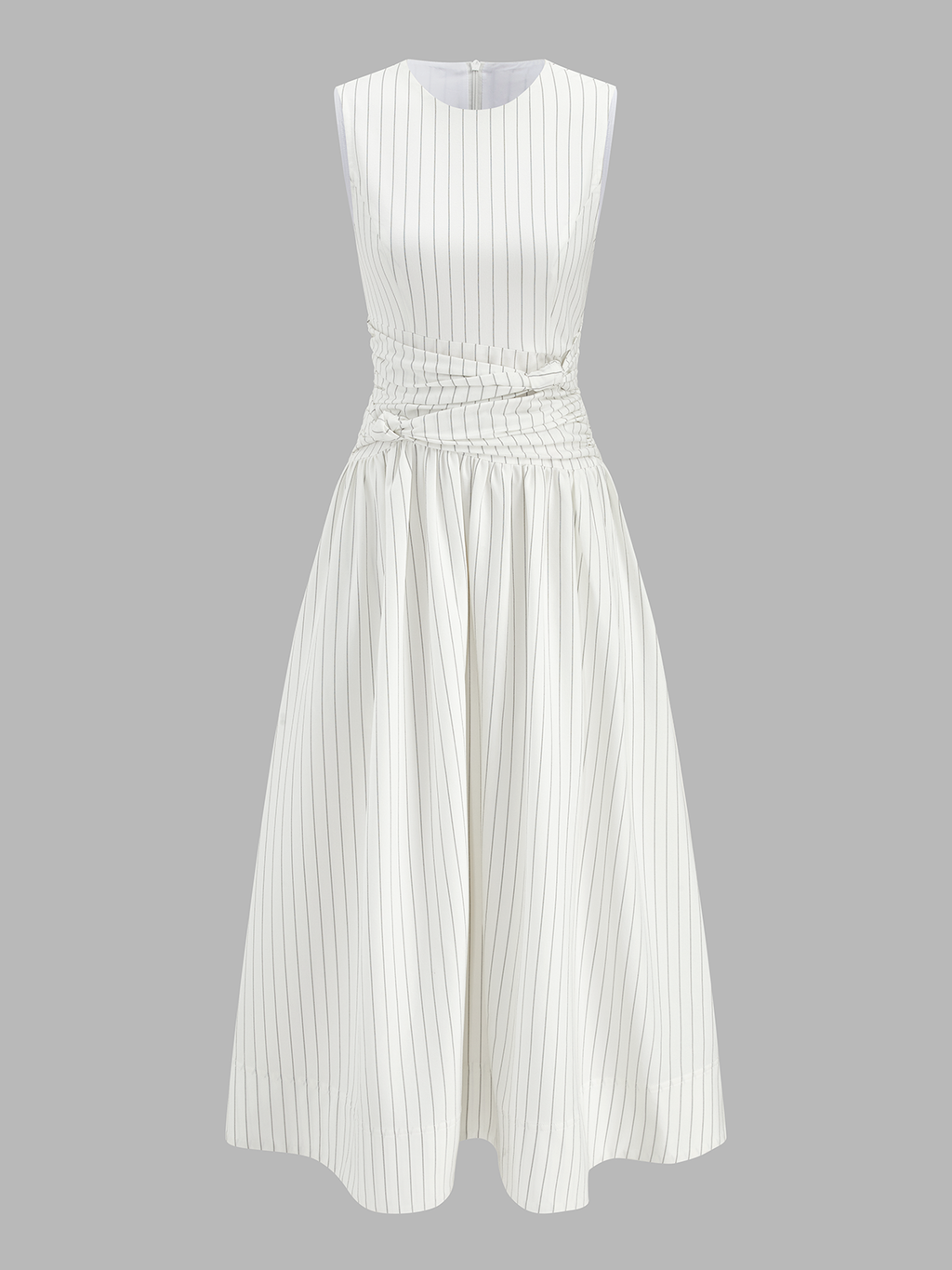 Striped Cotton Blend Ruched Sleeveless Maxi Dress