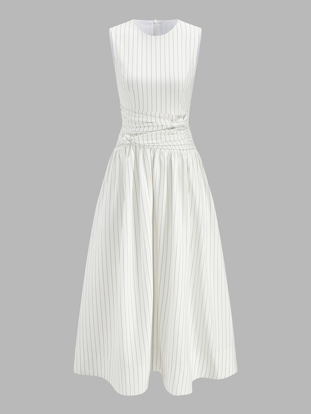 Striped Cotton Blend Ruched Sleeveless Maxi Dress