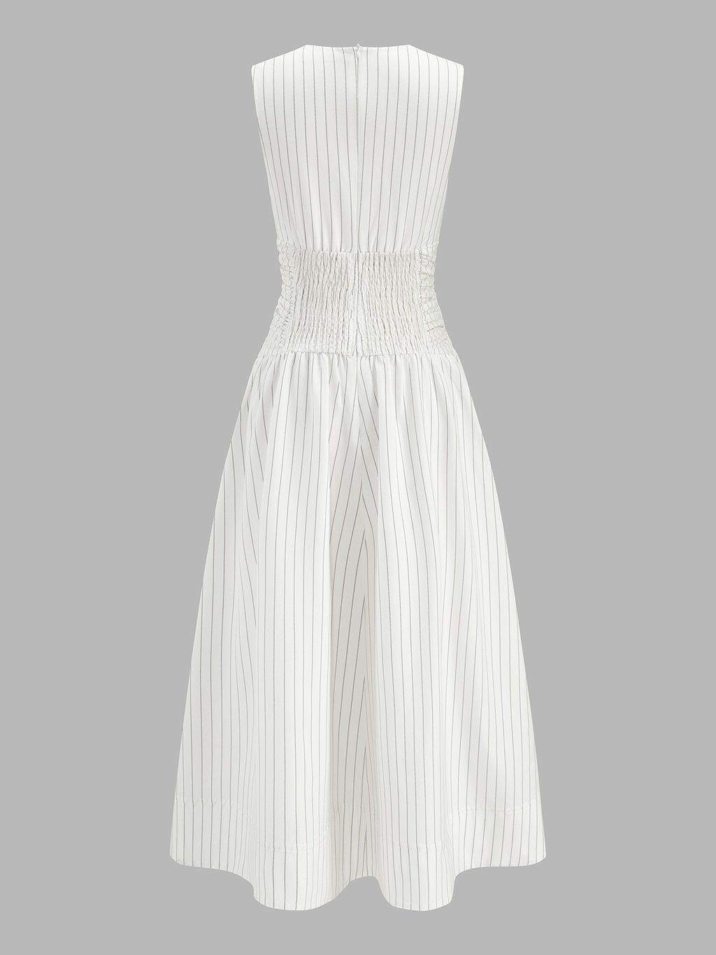 Striped Cotton Blend Ruched Sleeveless Maxi Dress