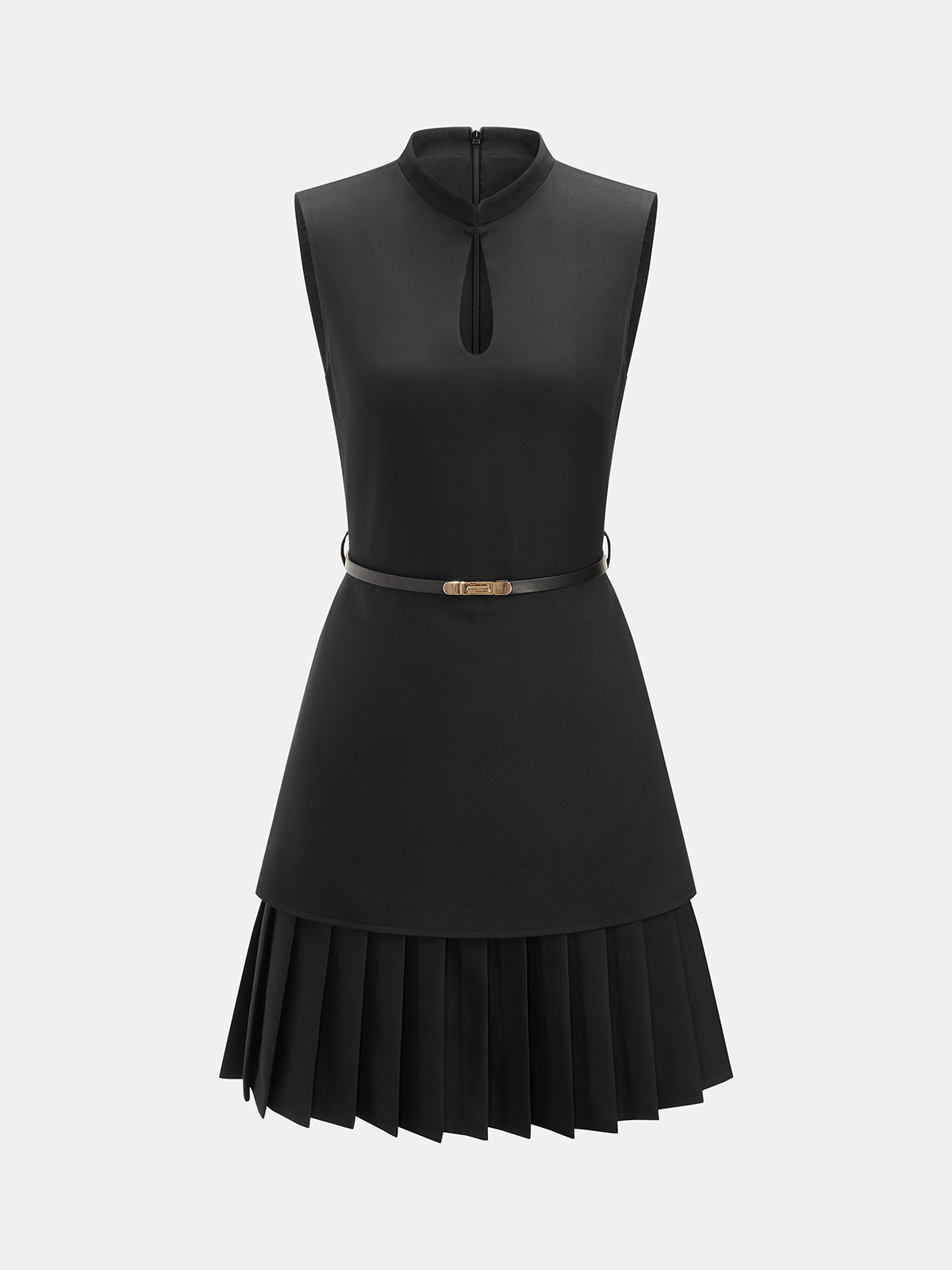 Sleeveless Keyhole Dress with Pleats and Belt Detail