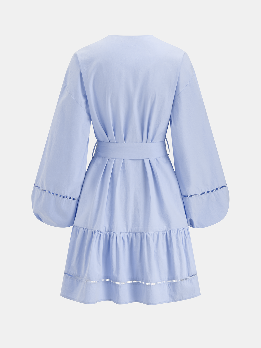 Cotton V-Neck Mini Dress with Belted Lantern Sleeves