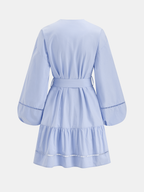 Cotton V-Neck Mini Dress with Belted Lantern Sleeves