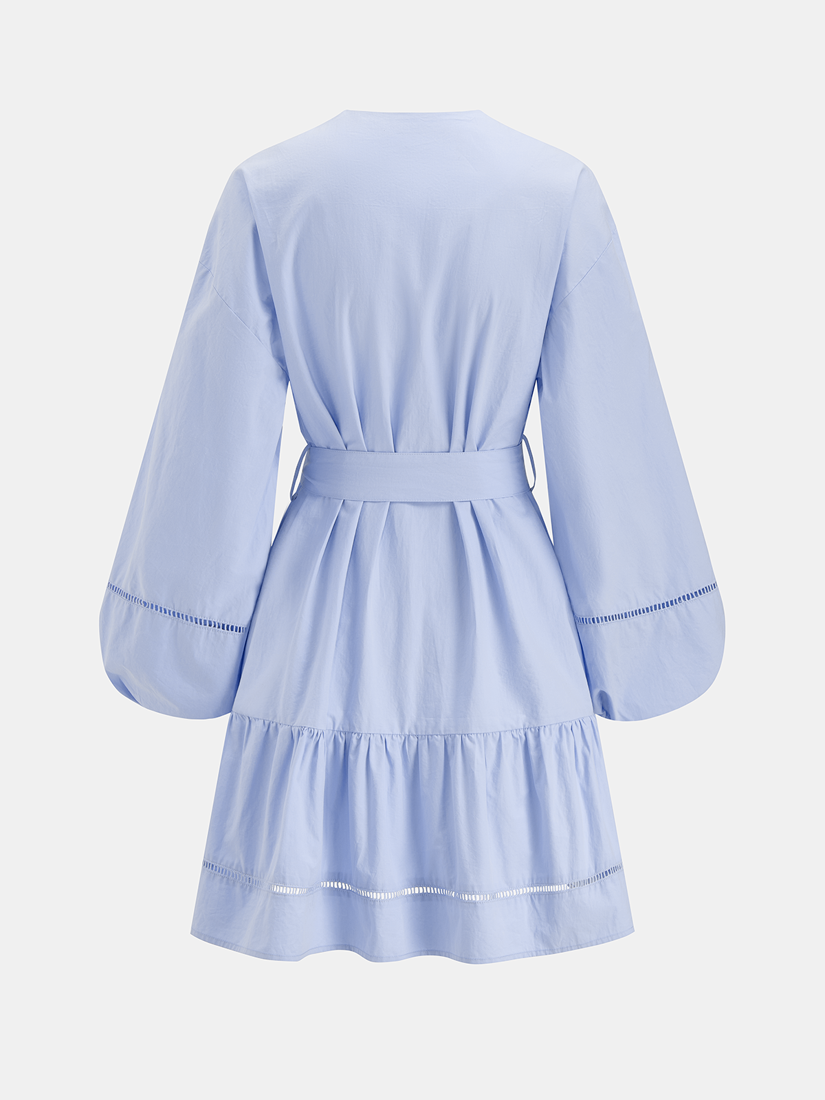 Cotton V-Neck Mini Dress with Belted Lantern Sleeves