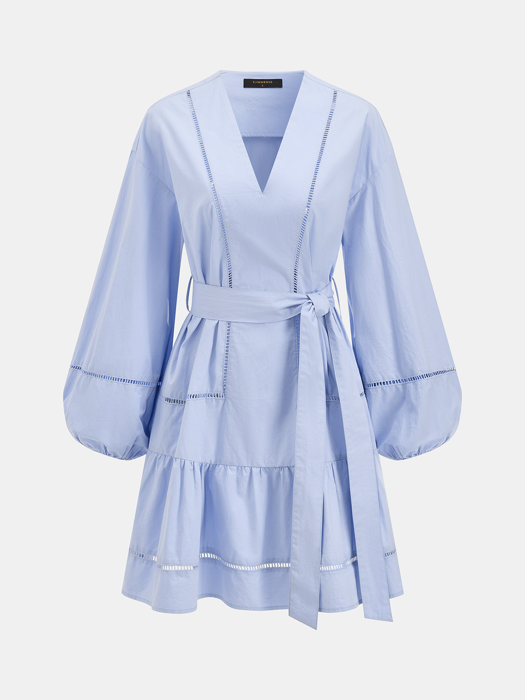 Cotton V-Neck Mini Dress with Belted Lantern Sleeves