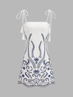 Embroidered Mini Dress with Tassel Tie Cami Details