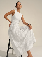 Striped Cotton Blend Ruched Sleeveless Maxi Dress