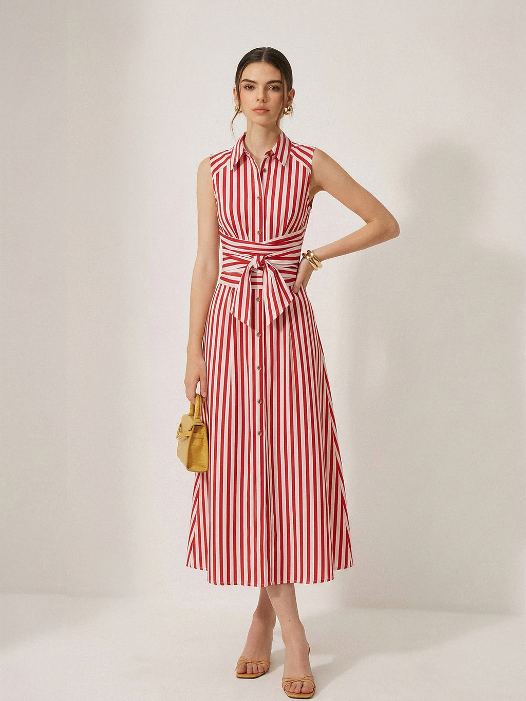 Striped Sleeveless Dress with Tie Waist Maxi Length