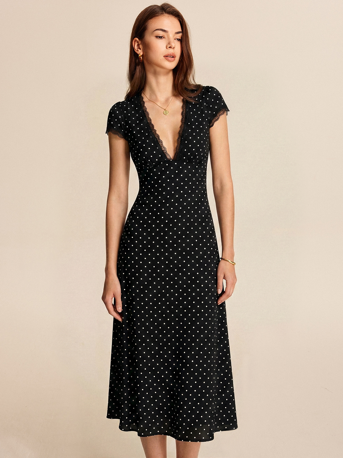 Lace-Trimmed Polka Dot Midi Dress with Delicate Details