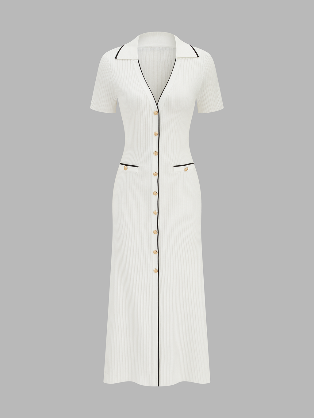 Contrast Trim Buttoned Knit Maxi Dress