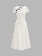 Bow-Accented Cotton Cheongsam-Inspired Midi Dress