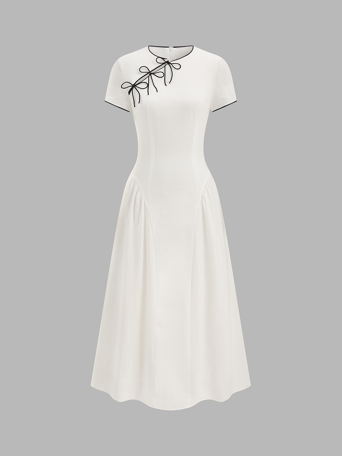 Bow-Accented Cotton Cheongsam-Inspired Midi Dress