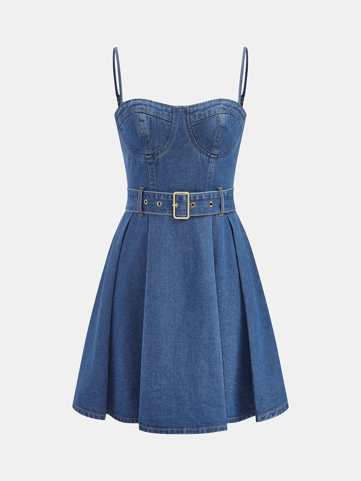 Belted Denim Mini Dress with Cami Straps