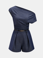 Off-Shoulder Belted Denim Romper with Asymmetric Design