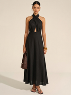 Cotton Linen Halter Maxi with Neck Cut-Out Detail