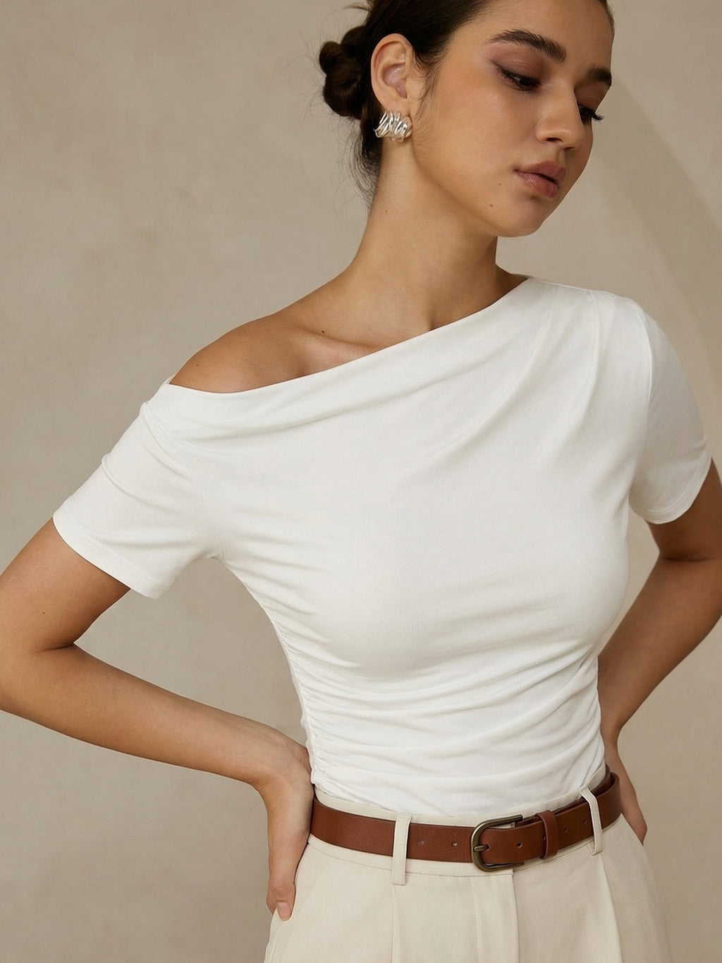 Off Shoulder Ruched Top with Slim Short Sleeves