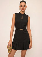 Keyhole Neckline Sleeveless Mini Dress with Pleats and Belt