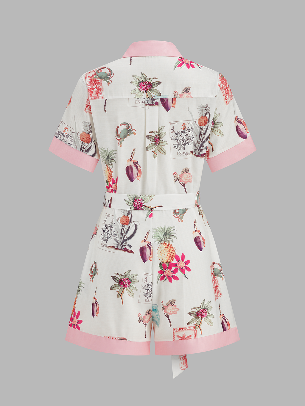 Tropical Cotton Linen Romper with Belted Waist