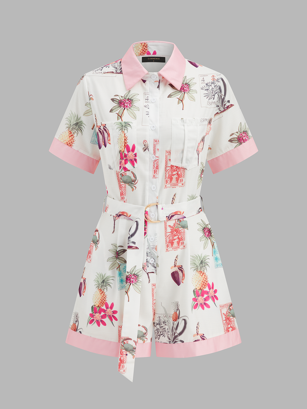 Tropical Cotton Linen Romper with Belted Waist