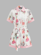 Tropical Cotton Linen Romper with Belted Waist