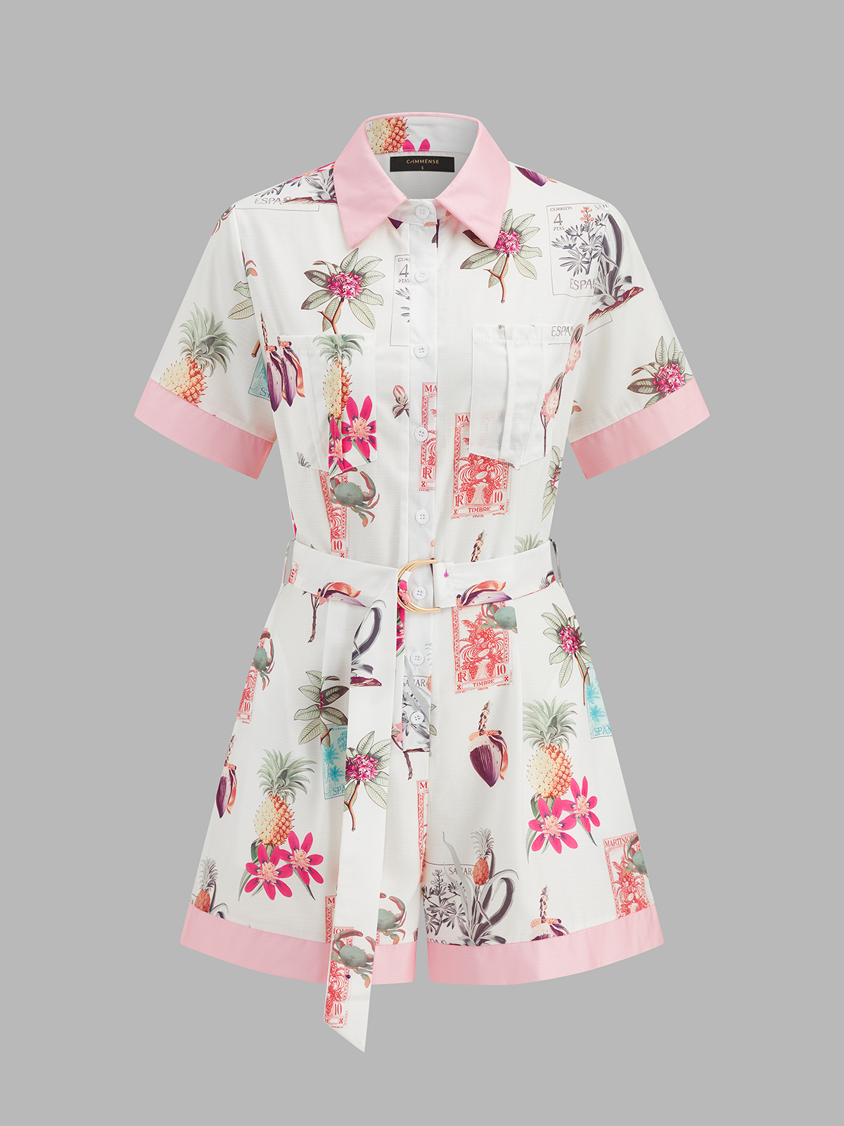 Tropical Cotton Linen Romper with Belted Waist