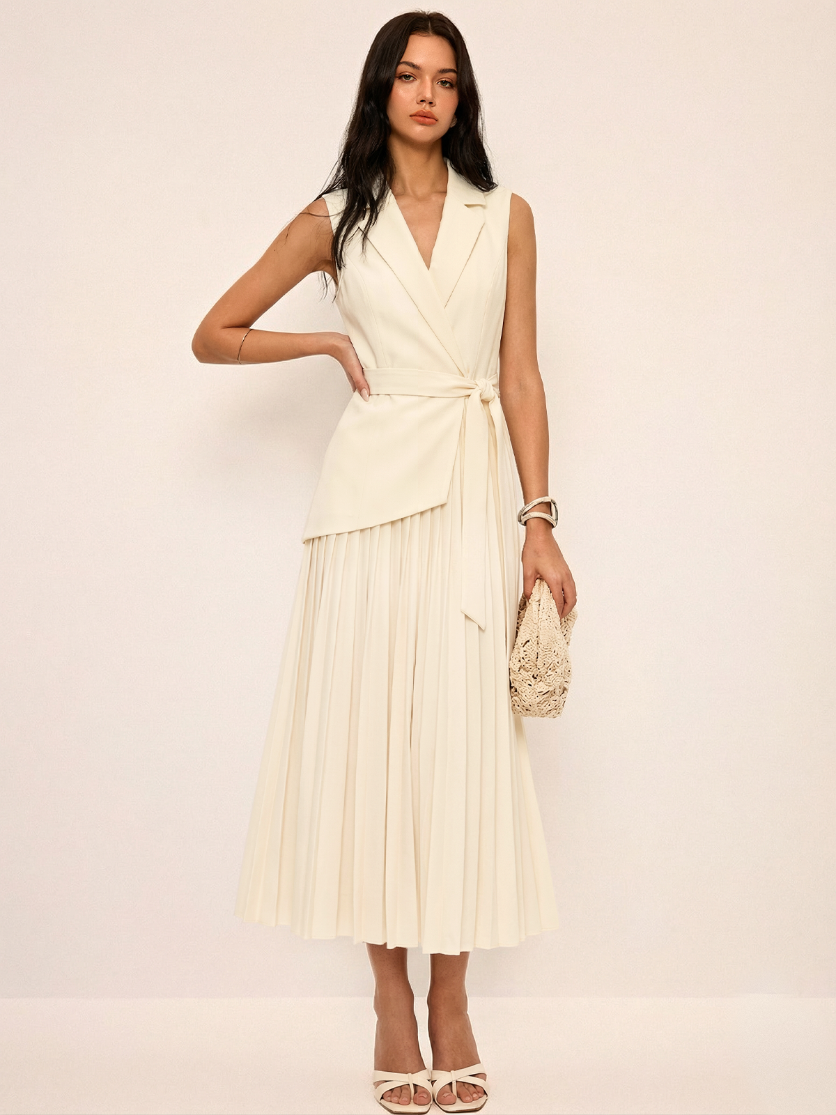 Belted Blazer Dress with Pleats and Sleeveless Design