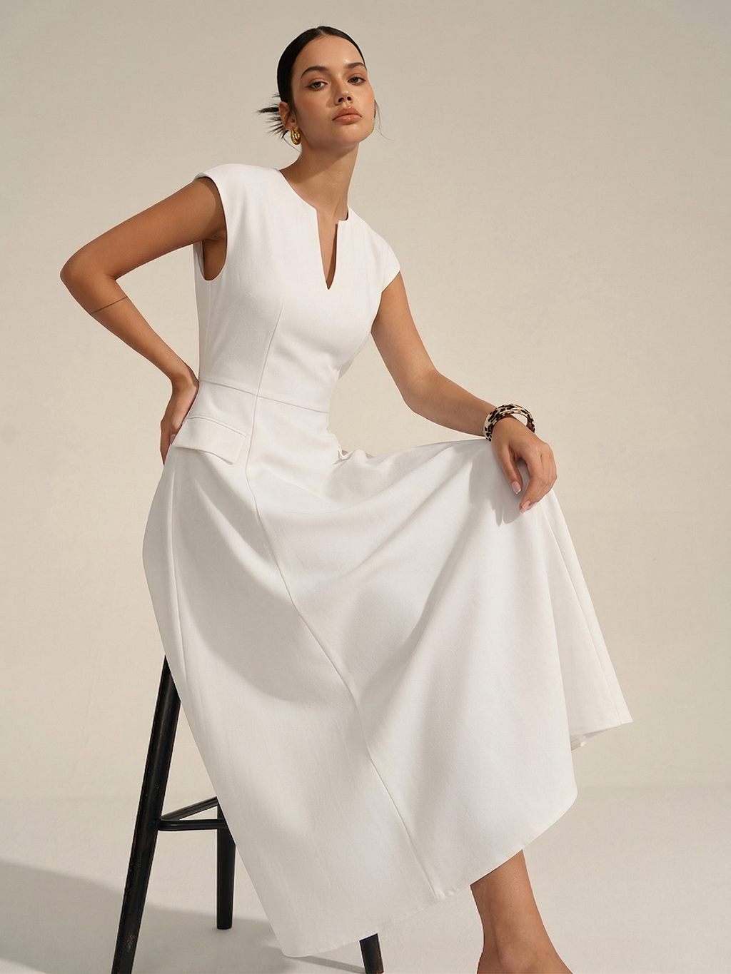V-Neck Cap Sleeve Dress at Midi Length