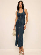 Denim Halter Maxi Dress with Button Front Detail