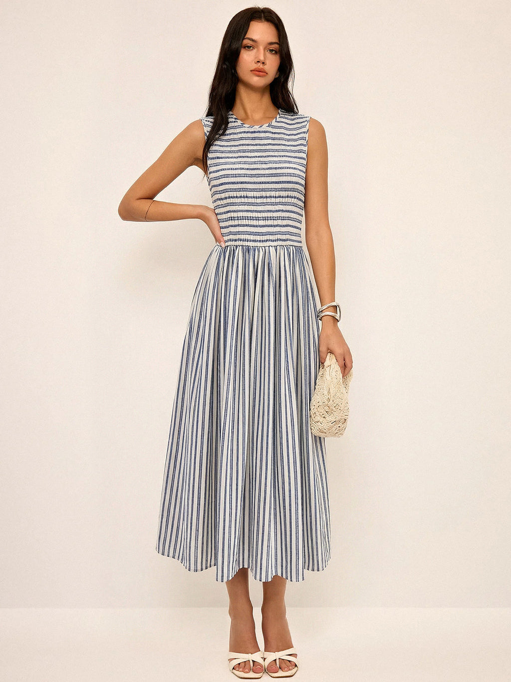 Striped Sleeveless Cotton Maxi Dress with Smocked Detail