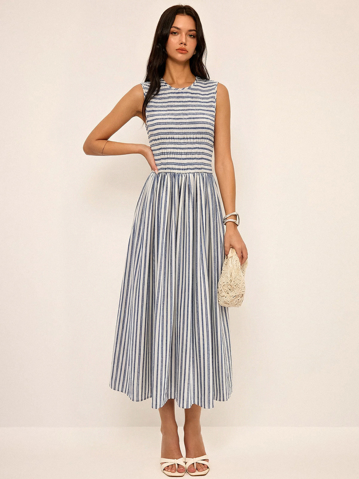 Striped Sleeveless Cotton Maxi Dress with Smocked Detail