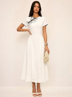 Bow-Accented Cotton Cheongsam-Inspired Midi Dress