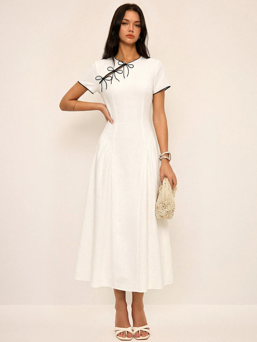 Bow-Accented Cotton Cheongsam-Inspired Midi Dress