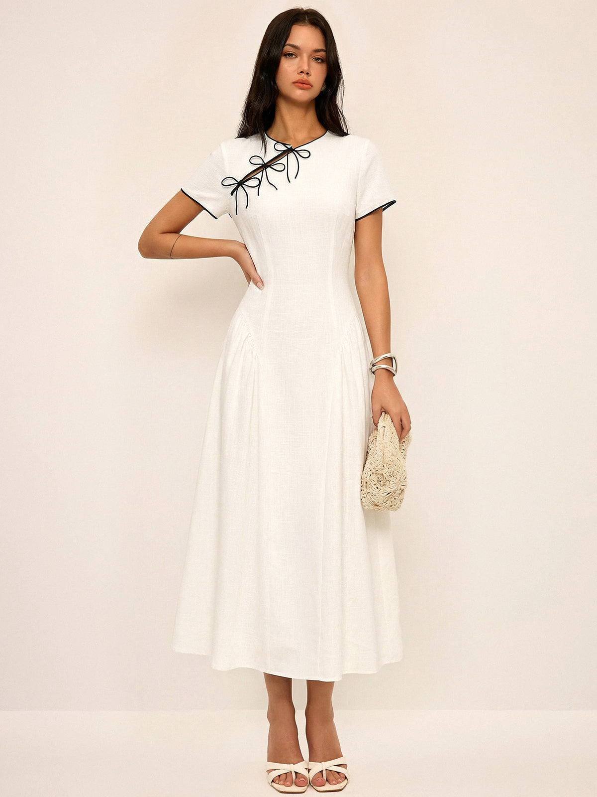 Bow-Accented Cotton Cheongsam-Inspired Midi Dress