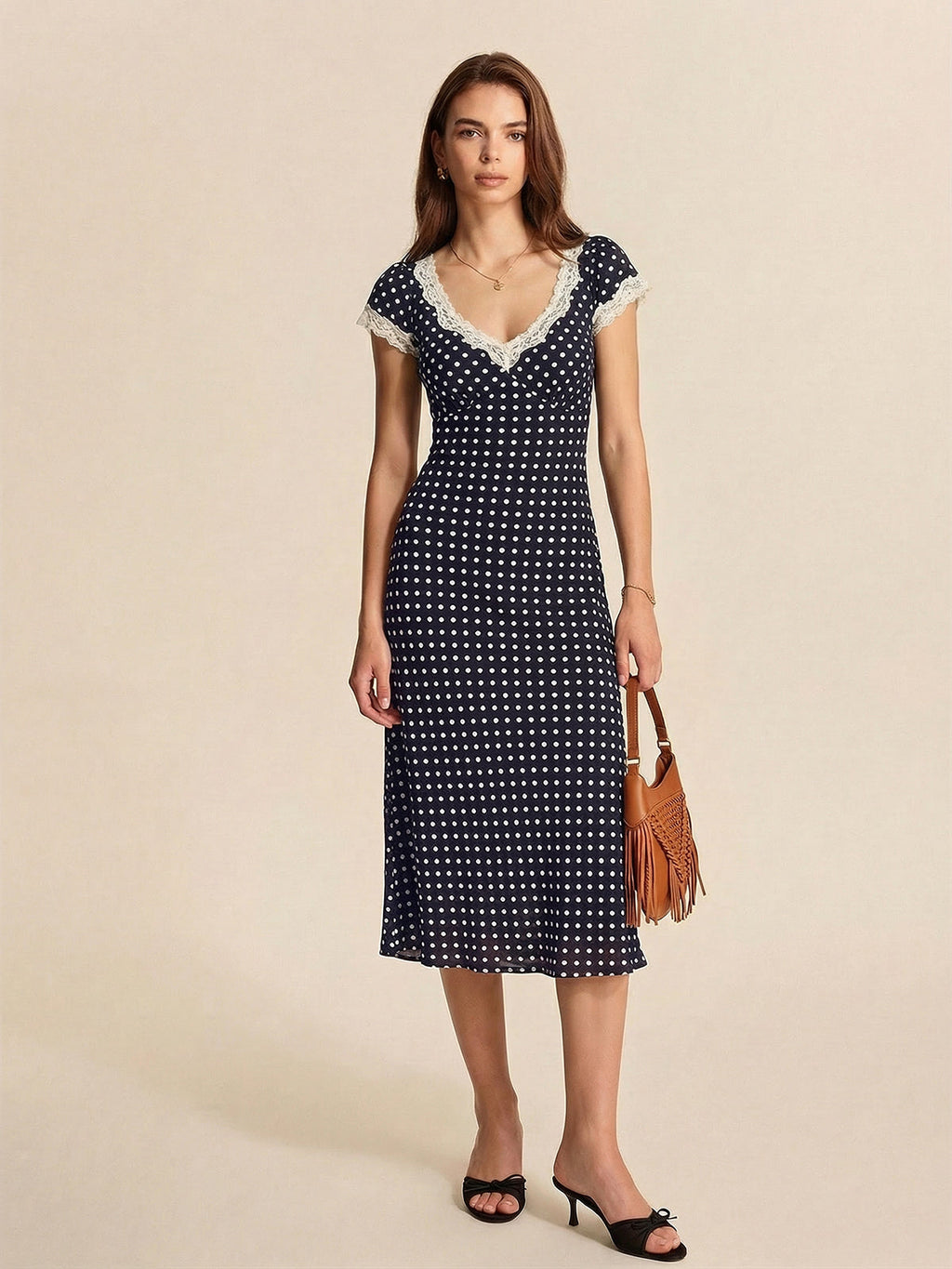 Charming V-Neck Maxi Dress with Polka Dot Lace