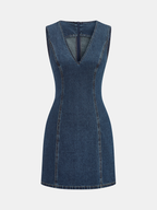 Stylish V-Neck Denim Dress without Sleeves