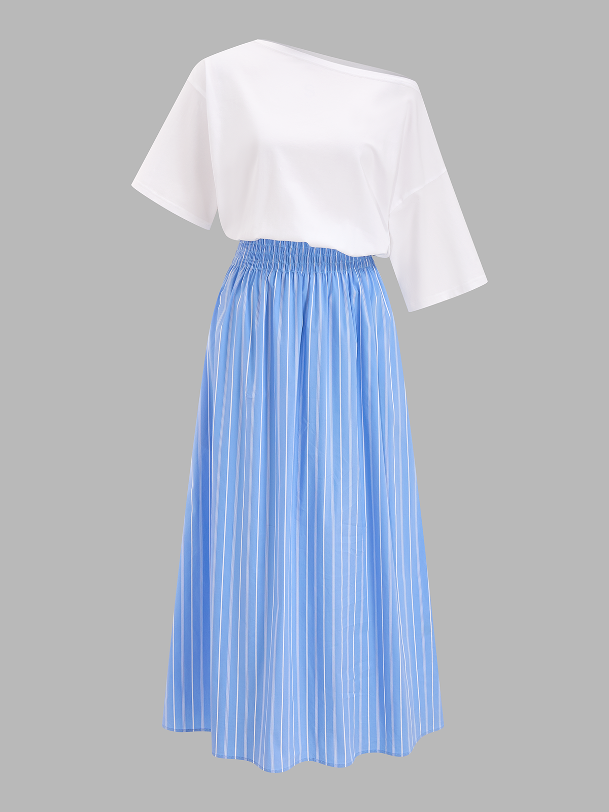 Off-Shoulder Midi Dress in Color Block Stripes