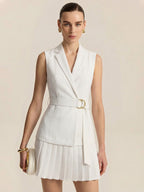 Belted Sleeveless Mini Dress with Pleated Blazer Design