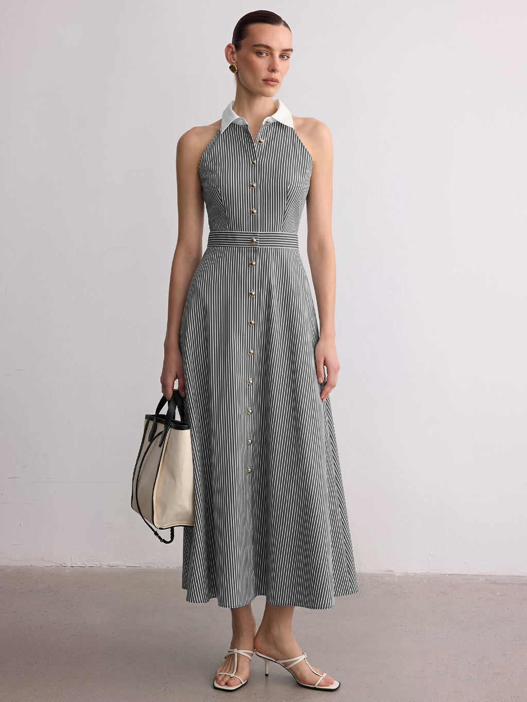 Striped Sleeveless Maxi Dress with Collar and Buttons