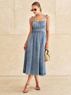 Denim Midi Dress with Tie Straps and Tiered Design