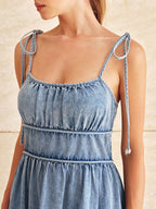 Denim Midi Dress with Tie Straps and Tiered Design