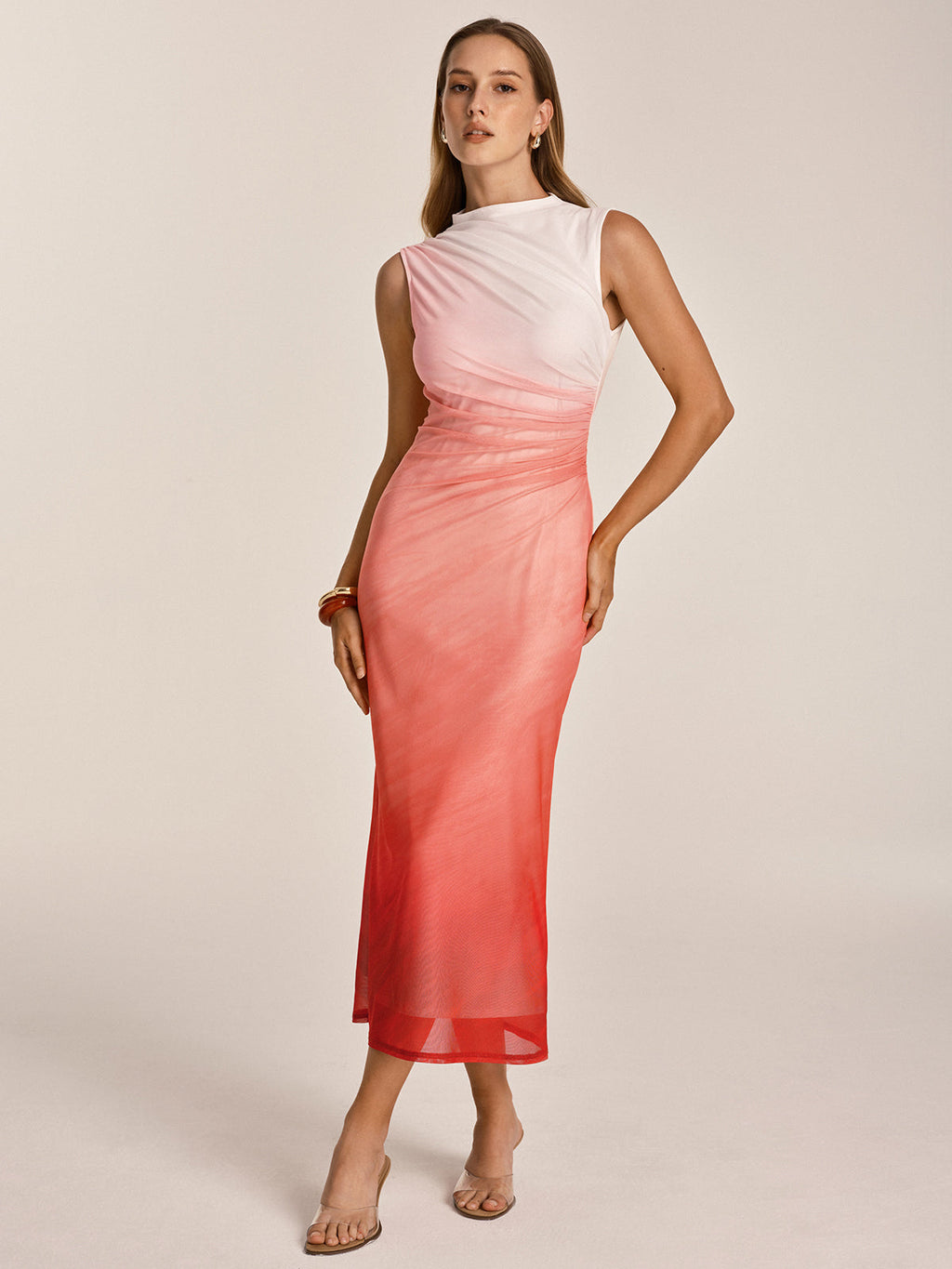 Gradient Mesh Ruched Bodycon Midi Dress
