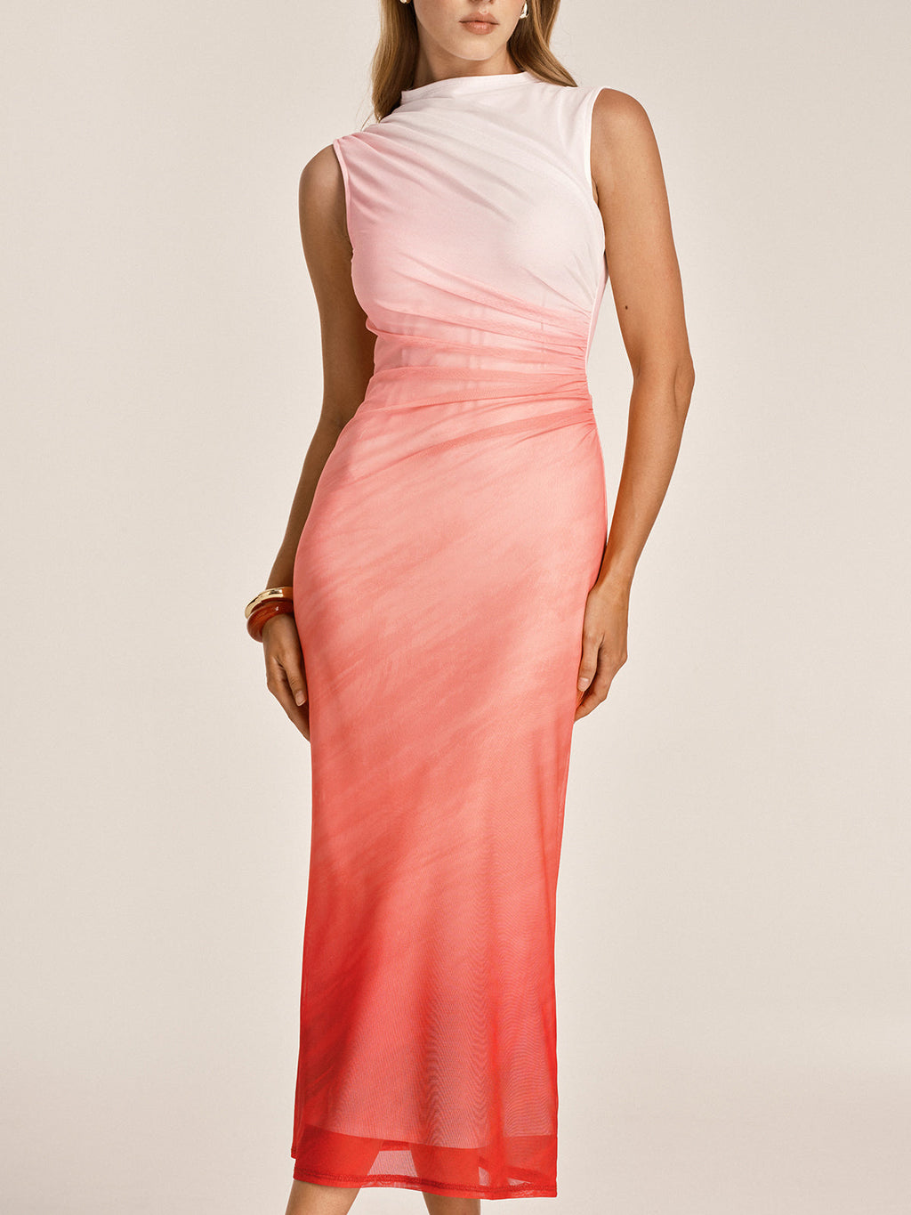 Gradient Mesh Ruched Bodycon Midi Dress