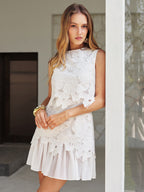 Floral Lace Mini Dress with Sleeveless Ruffle Detail