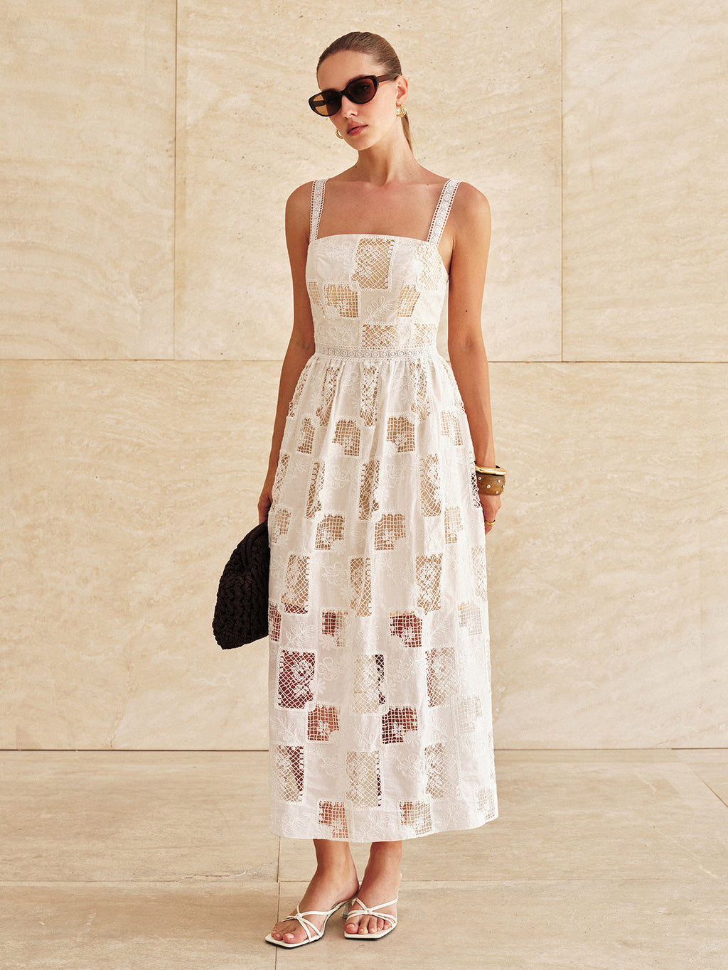 Cotton Patchwork Maxi Dress with Lace Embroidery