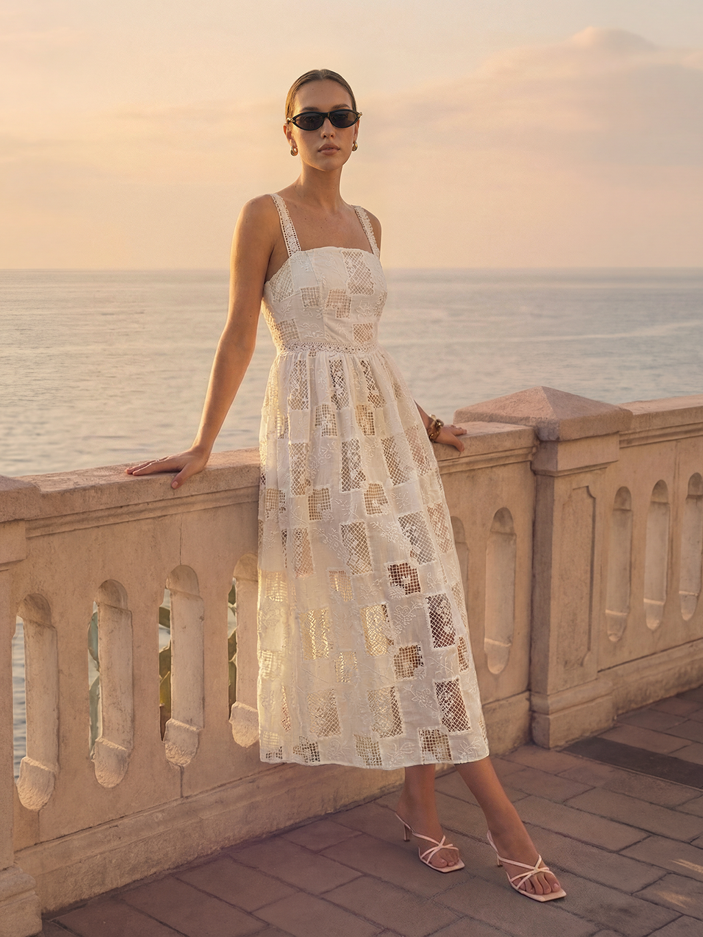 Cotton Patchwork Maxi Dress with Lace Embroidery