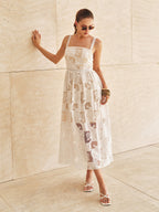 Cotton Patchwork Maxi Dress with Lace Embroidery