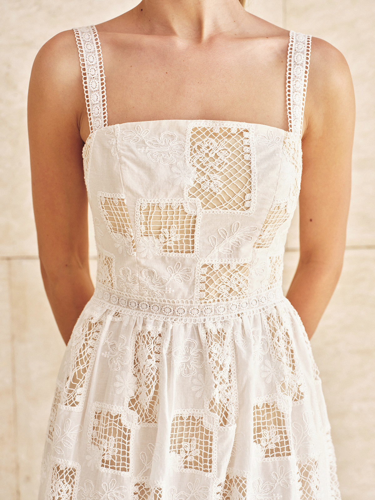 Cotton Patchwork Maxi Dress with Lace Embroidery