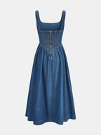 Square Neck Denim Midi Dress with Tie Front