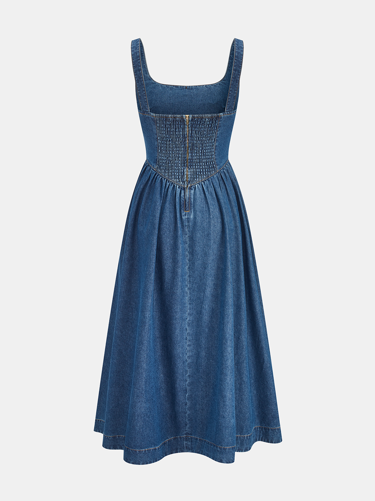 Square Neck Denim Midi Dress with Tie Front