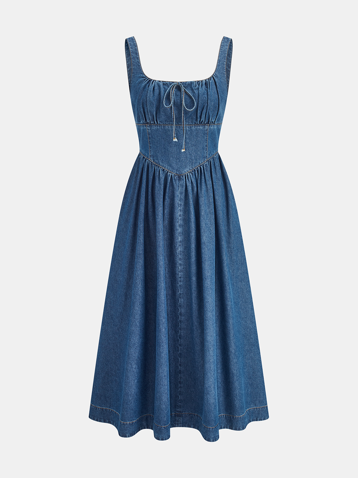 Square Neck Denim Midi Dress with Tie Front