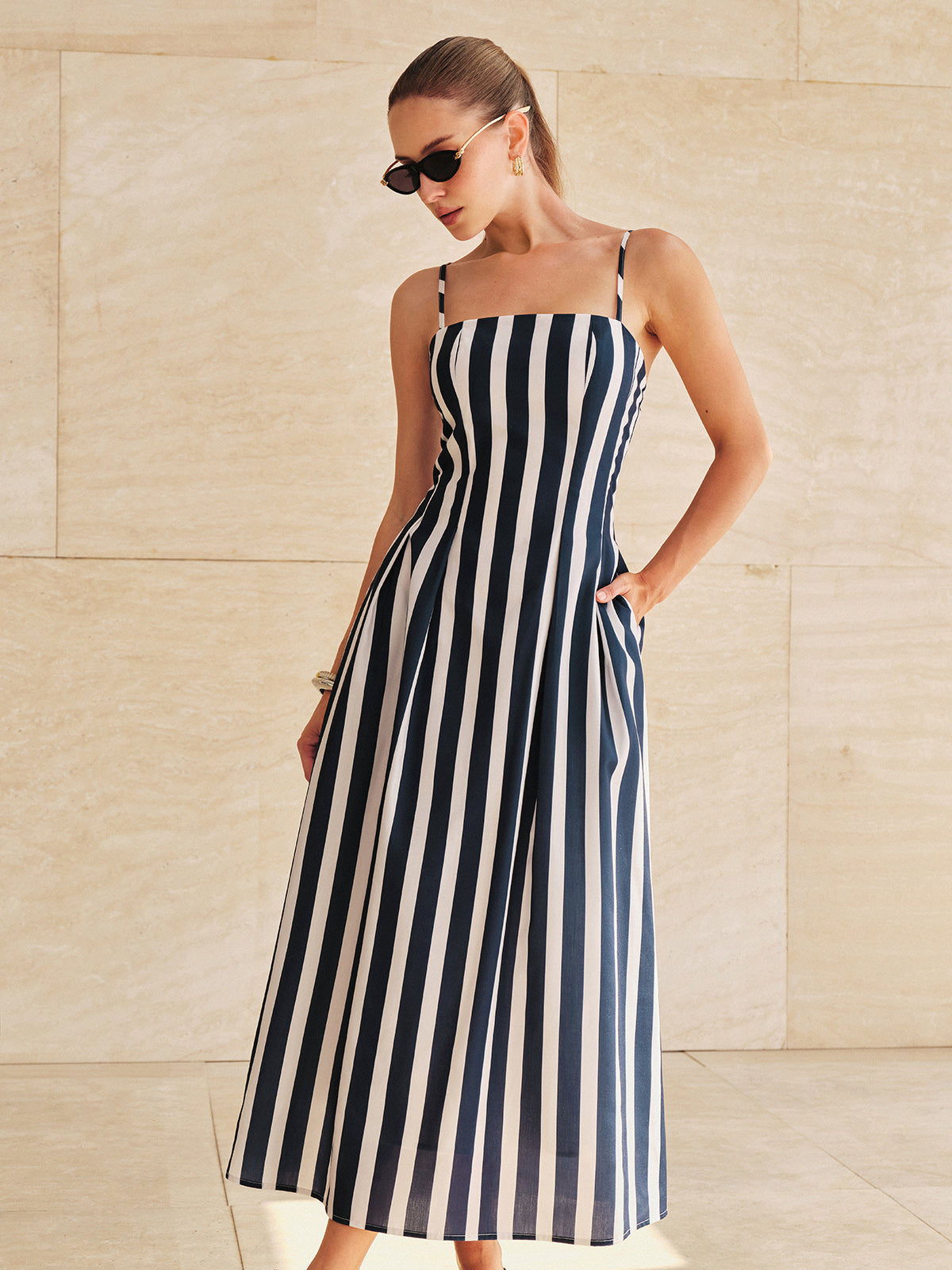Striped Pocketed Cami Midi Dress
